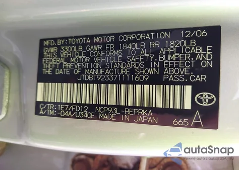 2007 Toyota Yaris S z USA, uszkodzony, nr VIN JTDBT923371111609